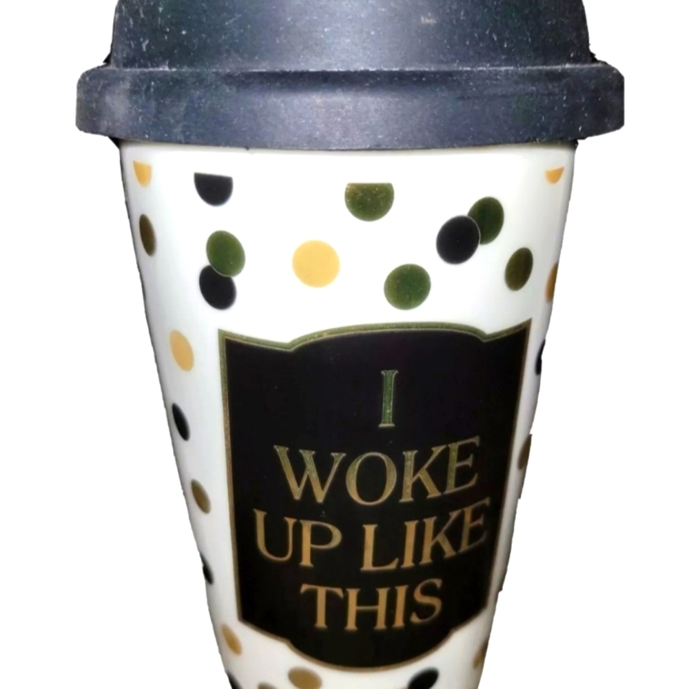I Woke Up Like This Novelty Gold Black Polka-dot Travel Mug Cup Ceramic With Lid